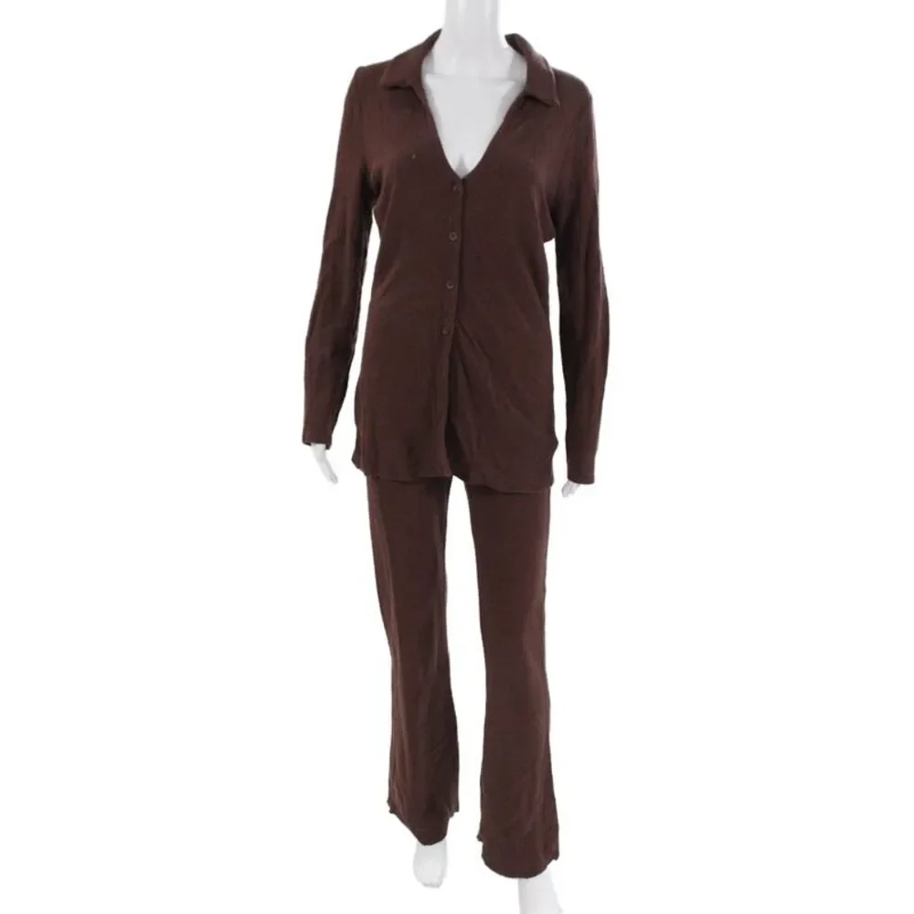 Skin Womens Button Down Shirt Pant Set Brown Cotton Blend Size 1